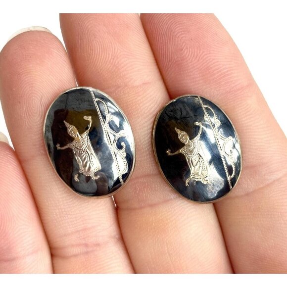 Siam Sterling Dancing Angel Oval Nielloware Enamel Vintage Black Round Cufflinks - Picture 1 of 10